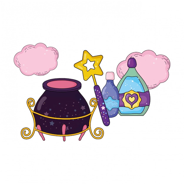 Vector magic witch cauldron with potion bottle and wand