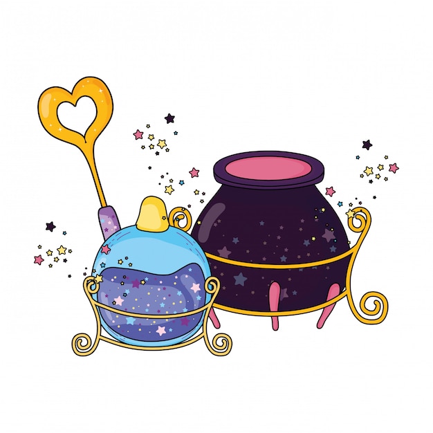 Magic witch cauldron with potion bottle and wand