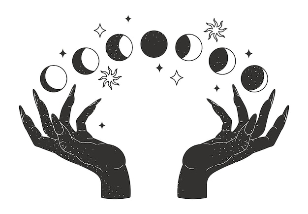 Magic witch hands esoteric design female hands with moon phases mystical magic space flat vector illustration