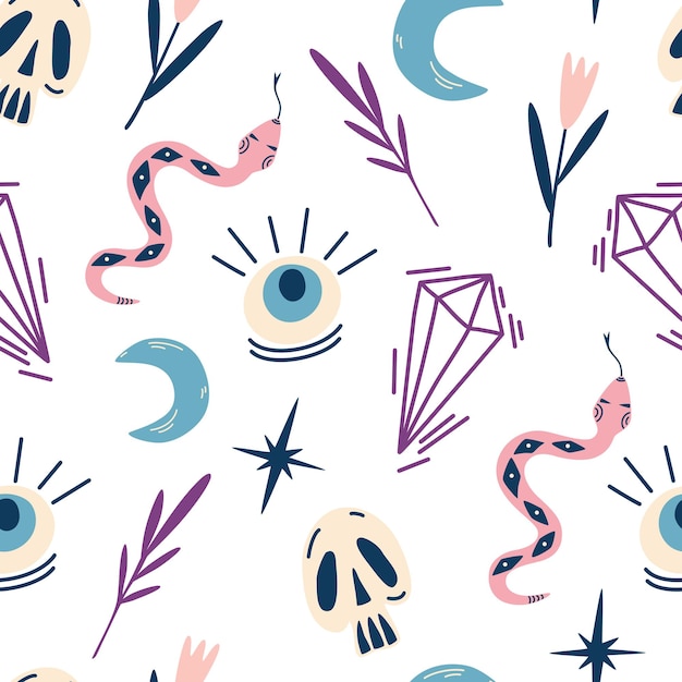 Vector magic witch seamless drawing skulls snakes eyes crystals and leavesmystical