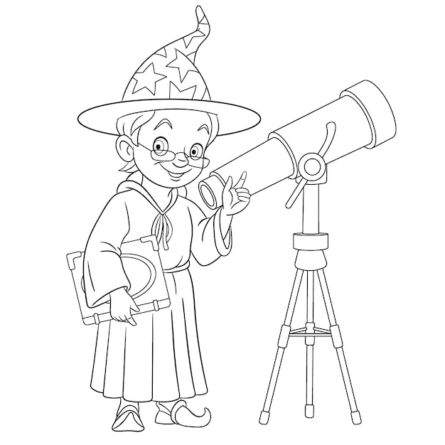 벡터 마법의 마법사. 천문학자와 망원경. 사람들이 직업. 아이들을 위한 만화 색칠 공부 페이지입니다.