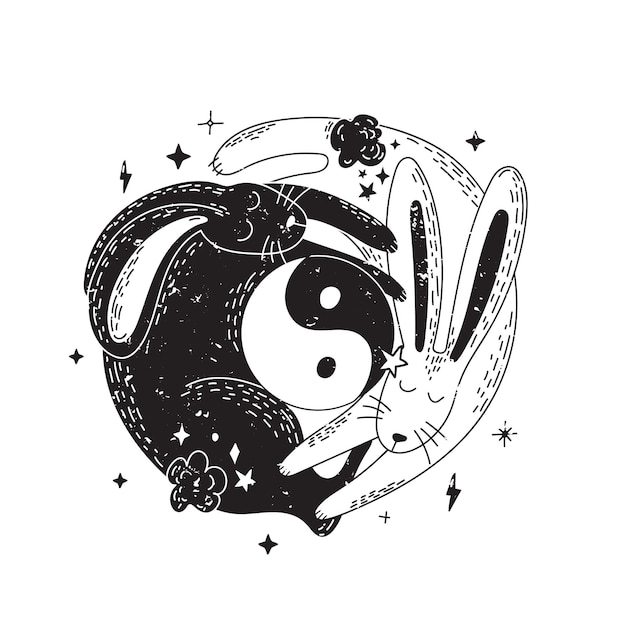 Coniglietto yin yang magico due simpatici conigli bianchi e neri a forma di yin yang