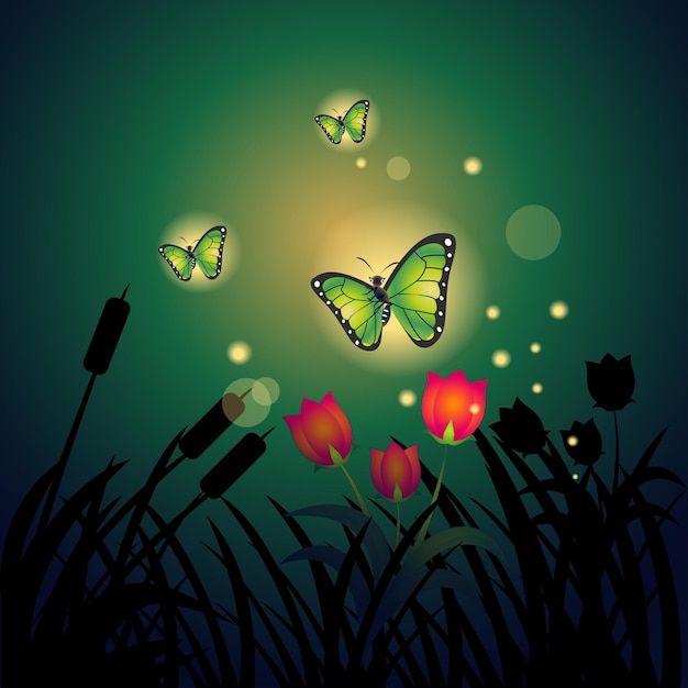 Magical and abstract image of flying Butterfly and silhouette of fireflies in night forest