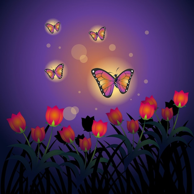 Vector magical and abstract image of flying butterfly and silhouette of fireflies in night forest