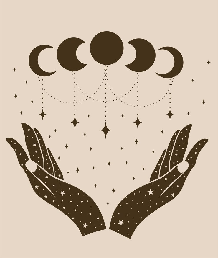 Vector magical art with hands stars and moon phases