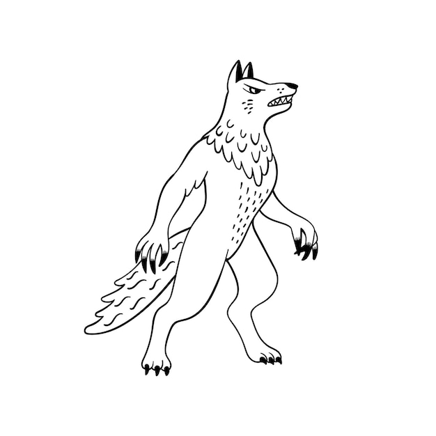 Vettore creature magiche set animal mitologico lupo mannaro stile doodle illustrazione vettoriale in bianco e nero isolata su sfondo bianco disegno tatuaggio o pagina da colorare line art