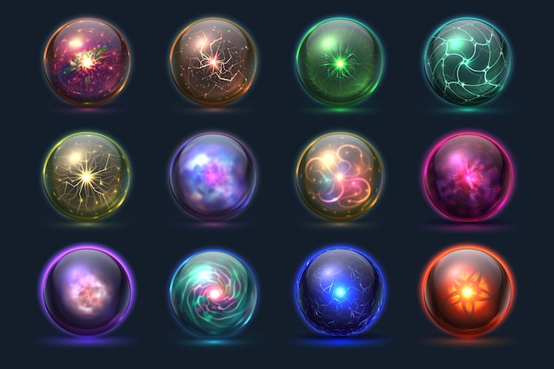 Magical crystal orbs. glowing magic balls, mysterious paranormal wizard spheres. vector set