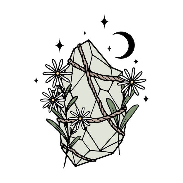 Vettore cristallo magico con fiori luna e stelle arte vettoriale