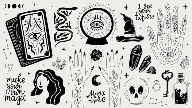 Magical doodle witch illustration icon set magic and witchcraft witch esoteric alchemy elements