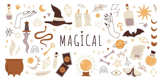 Vector magical elements flat icons set mystical elements for witchcrafting poisons magic symbols bat tarot crystal ball for magic rituals color isolated illustrations