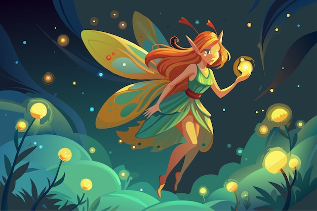 A magical fairy flying among glowing fireflies