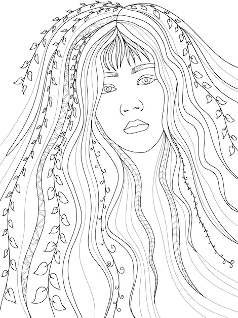 Magical forest princess in flowers and plants coloring book