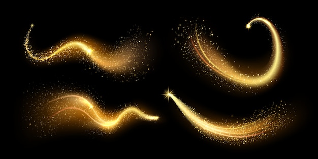 Magical gold sparkles dust. Golden lighting sparkle trail, glittering shiny magic textured path. Glowing stardust wave  illustration set