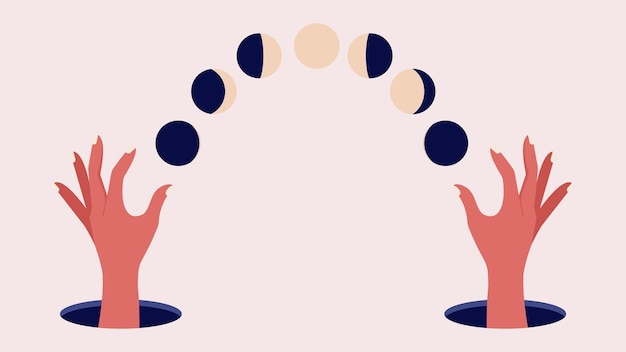 Magical hands holding moon phases Abstract mystical vector concept