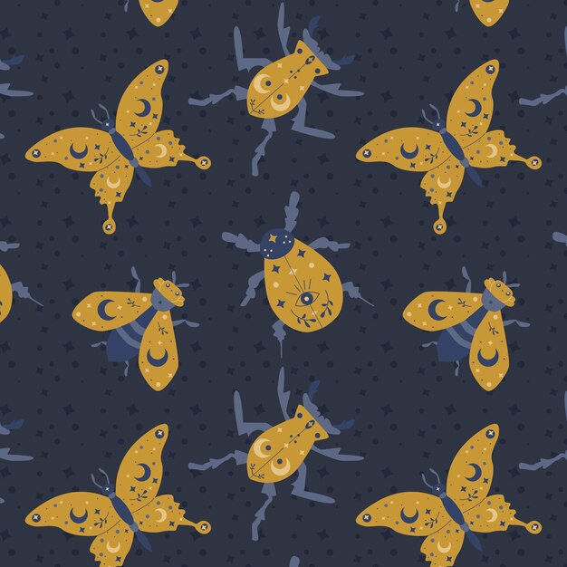 Vector magical insect on dark backdrop seamless pattern