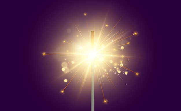 Magical light. Sparkler. Candle sparkling on the background. Realistic vector light effect.