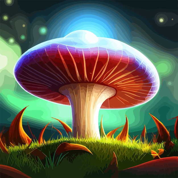 Magical mushroom in fantasy enchanted fairy tale forest with lots of brighness and lighting vector