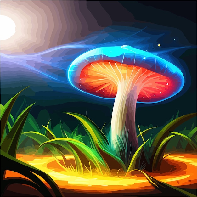 Vector magical mushroom in fantasy enchanted fairy tale forest with lots of brighness and lighting vector