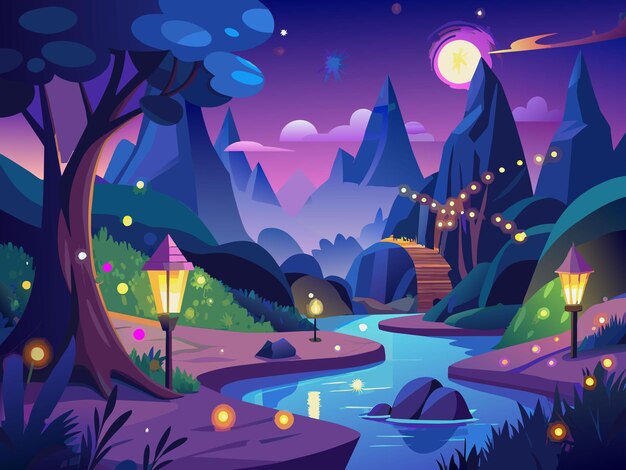 Vector magical nighttime landscape with sparkly lights vector illustration