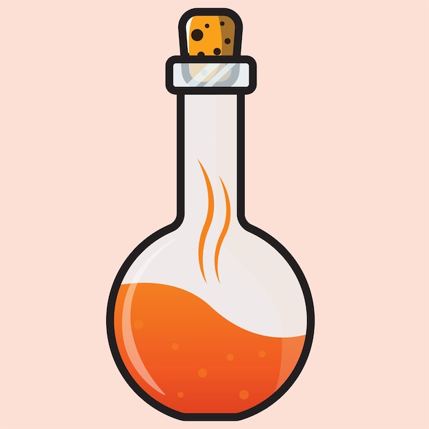 Vector magical orange potion or elixir in rounded glass chemistry bottle