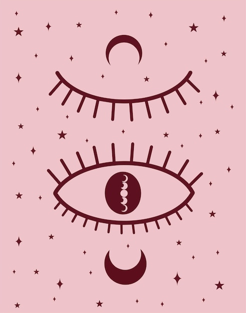 Magical pink illustration. Eyes with moon on the light pink background. Vector art