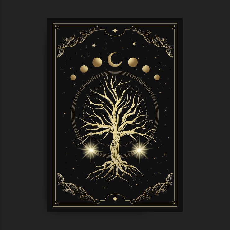 Vector magical sacred tree with celestial moon phase and star decoration in luxurious hand drawn style
