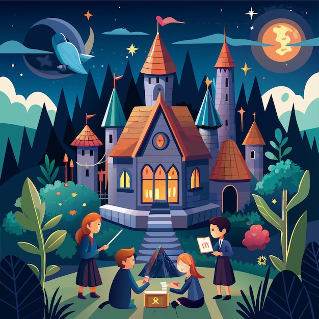 Magical school for young witches and wizards Illustration