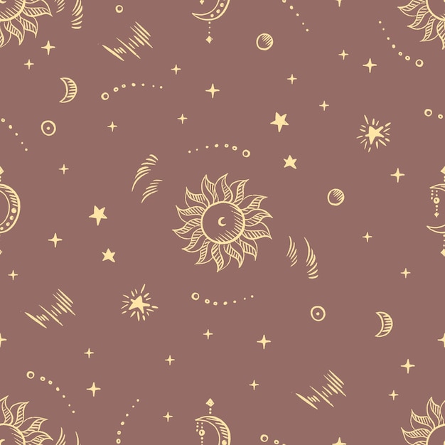 Vector magical seamless pattern with the sun stars moon alchemical cosmos celestial pattern