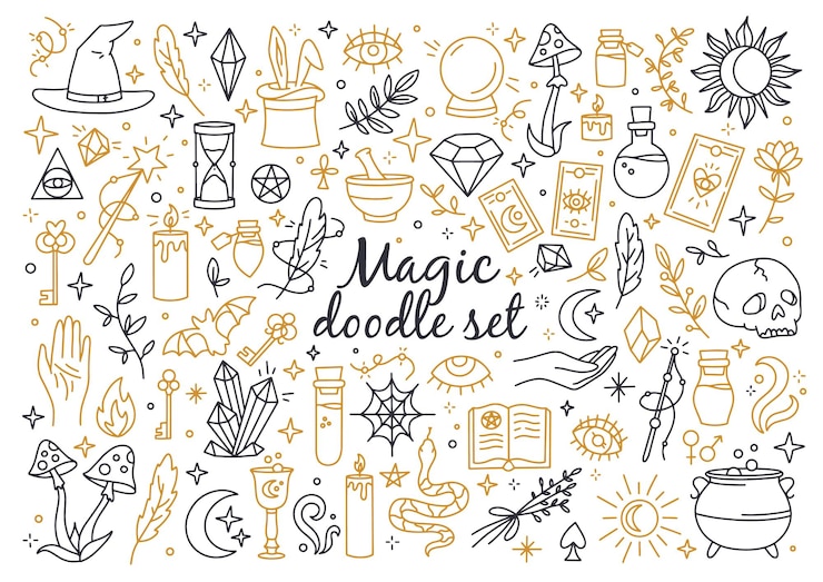 Vector a magical set of doodle style icons linear witchcraft and mystical symbols