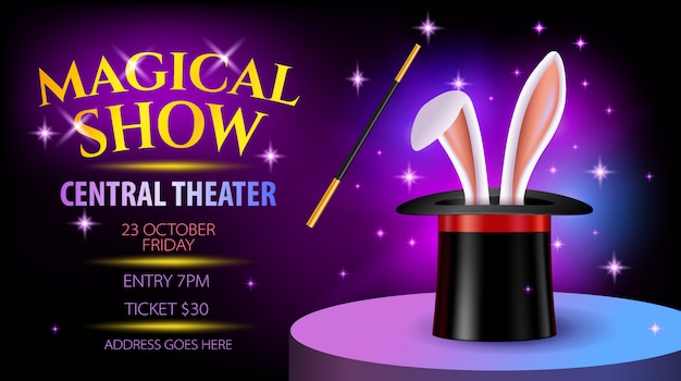 Vector magical show ticket, poster or flyer with bunny ears in hat. illusionist performance invitation  with mock up.  illustration in  style