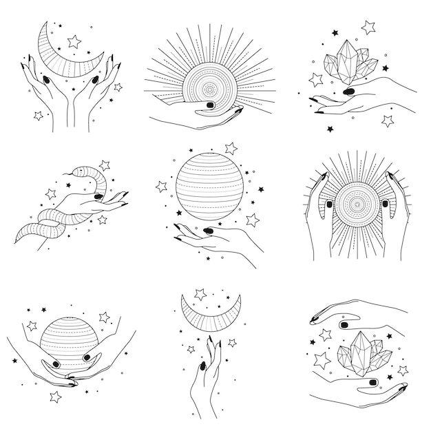 벡터 마법의 공간 개체 행성 여성 손과 얼굴 벡터 일러스트 레이 션 세트 컬렉션 별