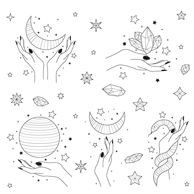 Vector magical space objects planets stars with female hands and faces vector illustration set collection o