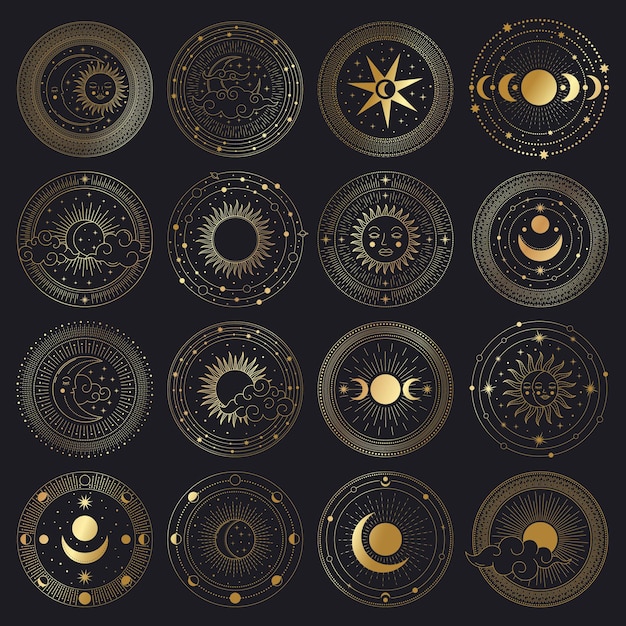 ベクトル 魔法の太陽と月の輪。神聖な黄金の華やかなサークルフレーム、太陽、月、雲のイラストセット