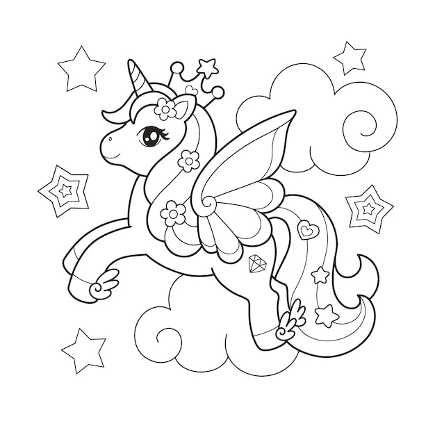 Vector magical unicorn coloring page illustration