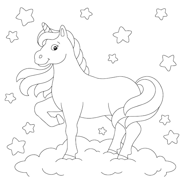 Unicorno magico nel cielo notturno. pagina del libro da colorare per bambini.