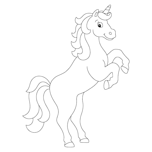 The magical unicorn reared up Coloring book page for kids