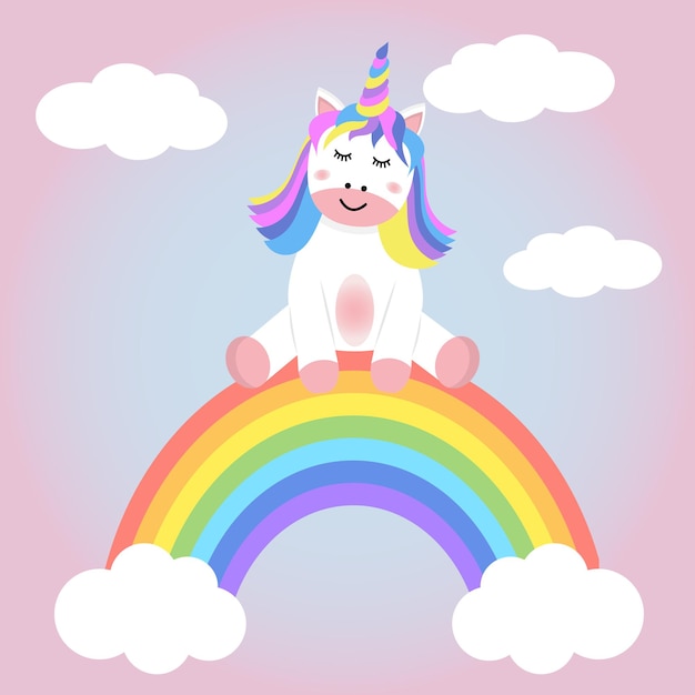 Magical unicorn sitting on the rainbow cute fantasy animal