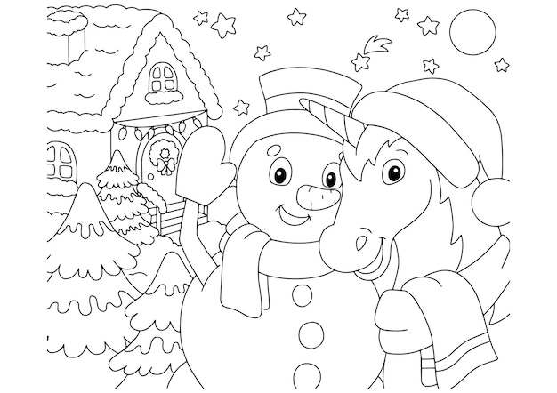 A magical unicorn and a snowman celebrate the new year together Coloring book page for kids