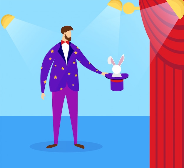 Vector magician in costume holding top hat with bunny.