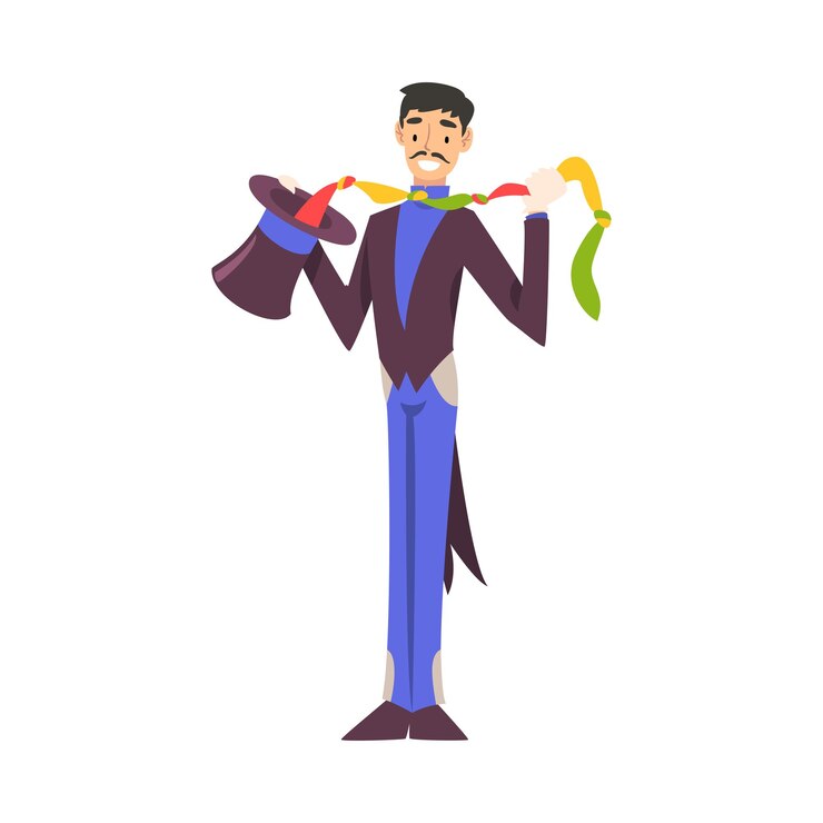Vector magician doing tricks with handkerchief illusionist character in tailcoat and top hat performing at
