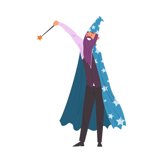 Вектор Волшебник делает трюки с волшебной палочкой улыбается бородатый волшебник персонаж носит плащ с звездами и
