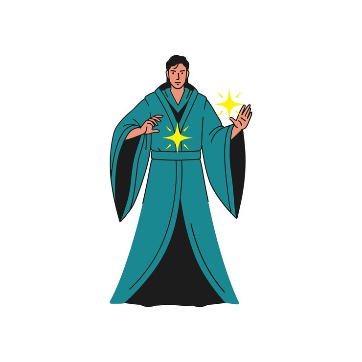 Vector 輝く星々で文を投げかける 流れる青い衣装の魔術師 細かいベクトルイラストが 魅力的なエネルギーと神秘を 奇妙な囲気で示しています