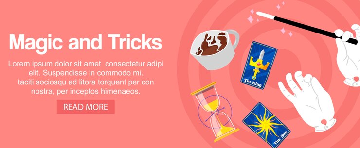 Vector magician hands holding magic wand, cards,  sand clocks and tricks