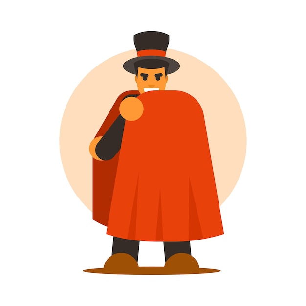 Magician in a hat and red cloak Vector illustration in flat style