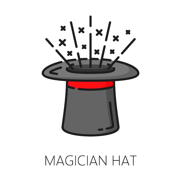 Magician hat witchcraft and magic icon of mystery wizard cap vector cartoon symbol Circus show trick cylinder hat of magician illusionist cap with magic surprise sparkling stars from hocus pocus