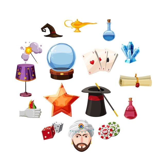 Vector magician icons set items, cartoon style