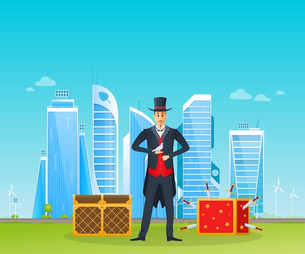 Magician illusionist on background of modern buildings ecofriendly city