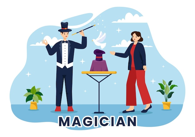 Vector magician illustration with illusionist conjuring tricks and waving a magic wand on a stage