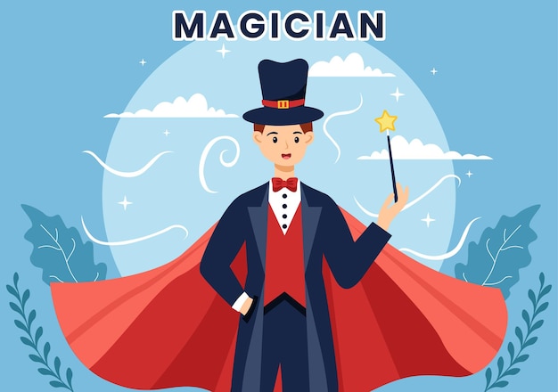 Magician illustration with illusionist conjuring tricks and waving a magic wand on a stage