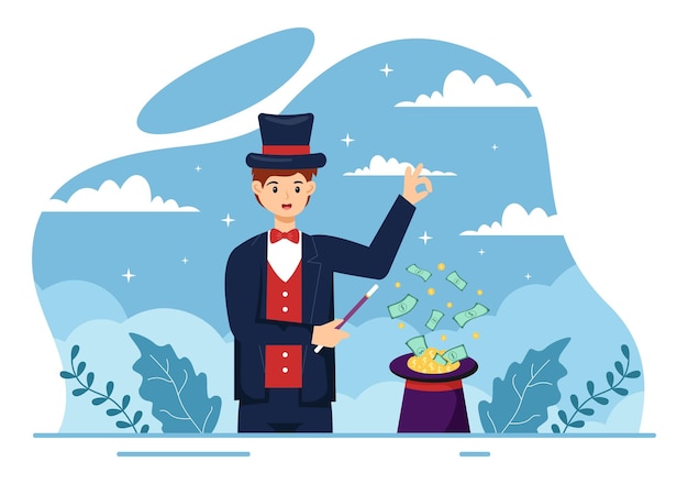 Magician illustration with illusionist conjuring tricks and waving a magic wand on a stage